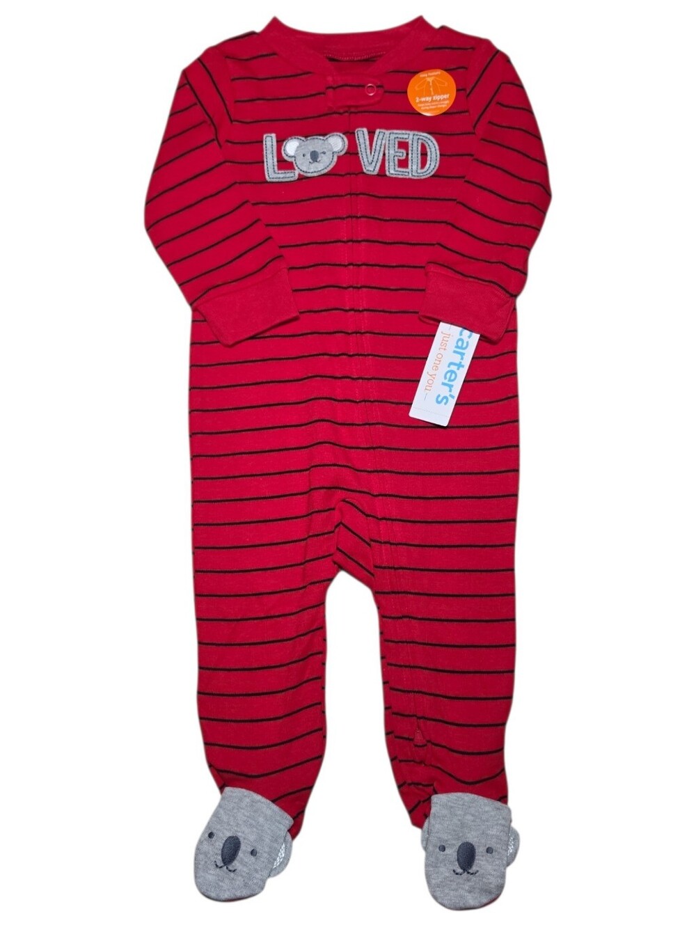 Carter's Red and Black Striped 'Loved' Footed One-Piece With Koalas - 9M